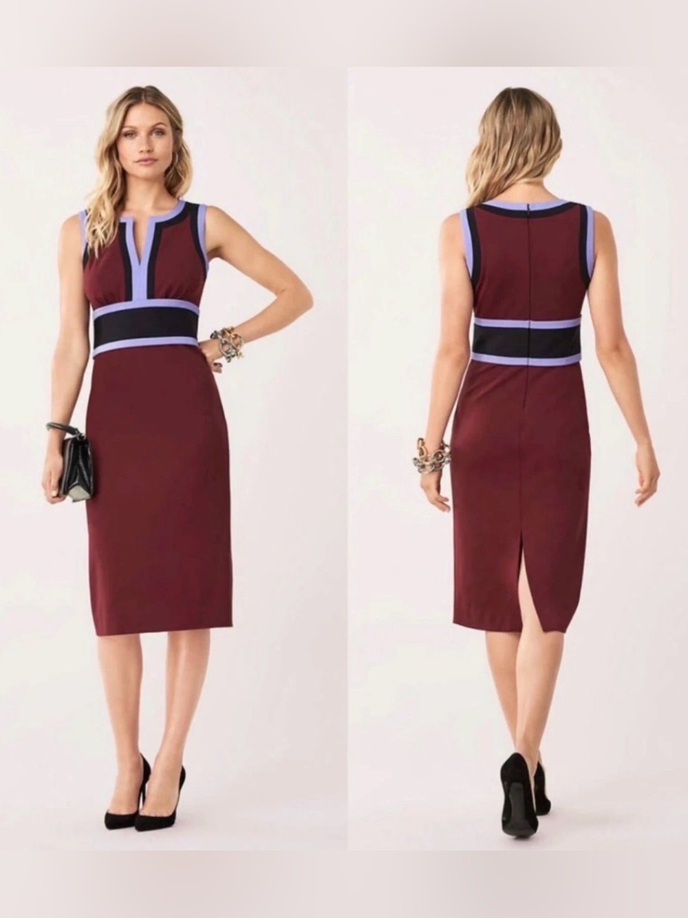 Diane von Furstenberg DVF Maribel Colorblock Ponte Sheath Dress Burgundy Size 8